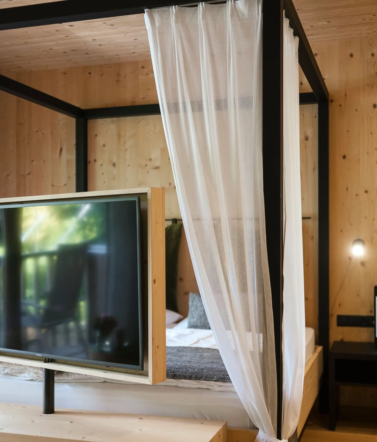 Großer TV mit Himmelbett, Holzwand im Hintergrund, Birkenhof Marling.