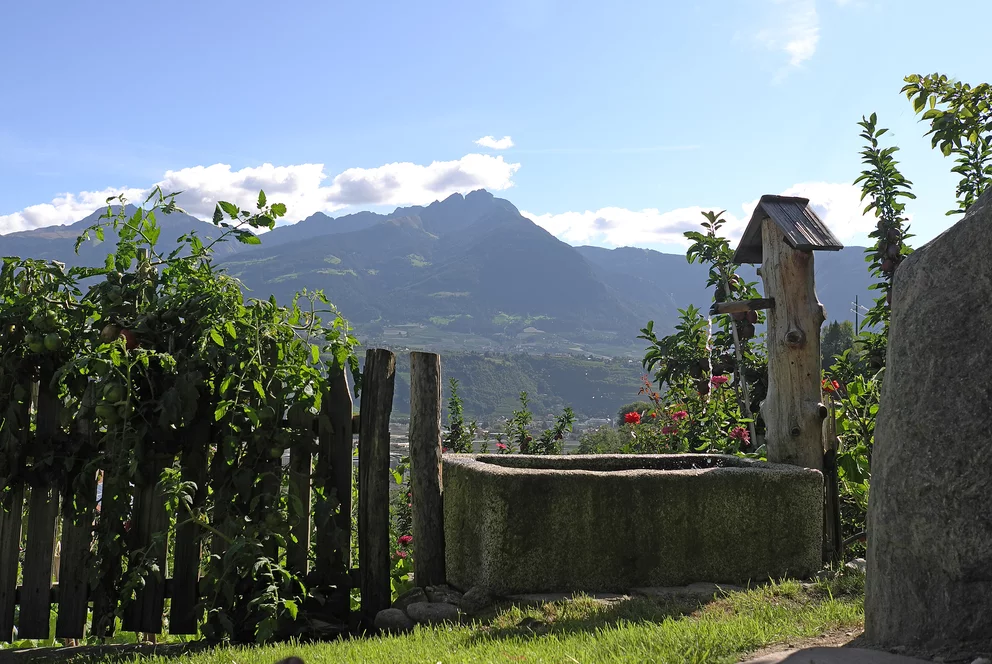 Steinbrunnen mit Meran2000. Meraner Land.